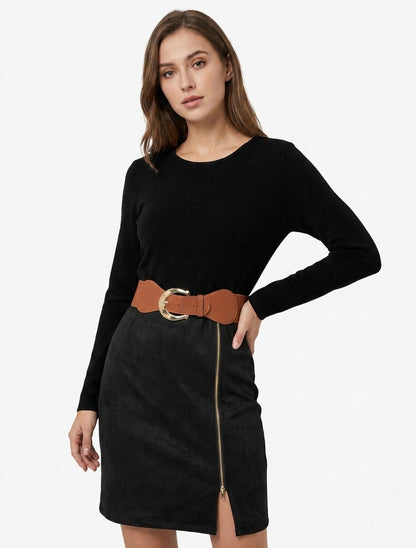 Robe droite bimatière à ceinture - Noir