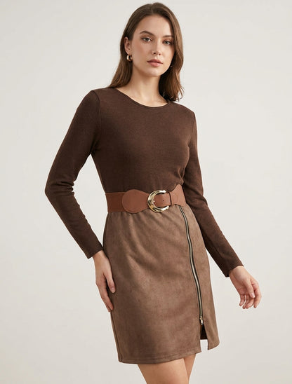 Robe droite bimatière avec ceinture - Marron