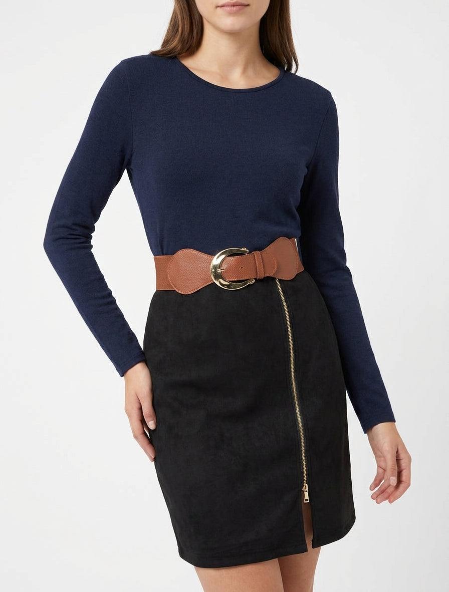 Robe droite bimatière à ceinture - Marine/noir