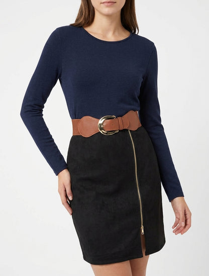Robe droite bimatière à ceinture - Marine/noir