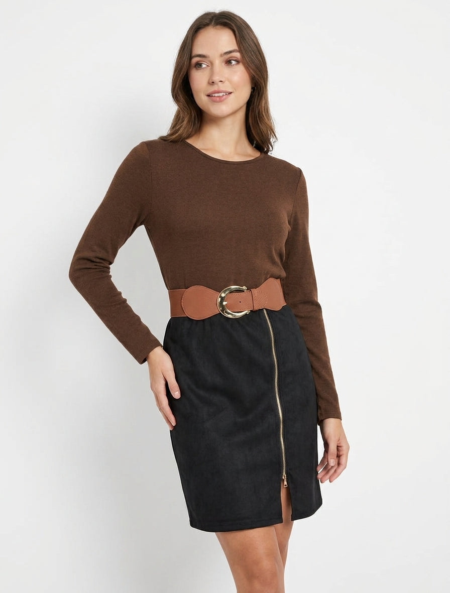 Robe droite bimatière à ceinture - Marron/noir