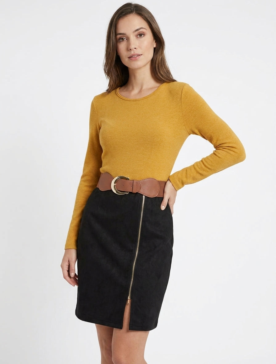 Robe droite bimatière à ceinture - Moutarde