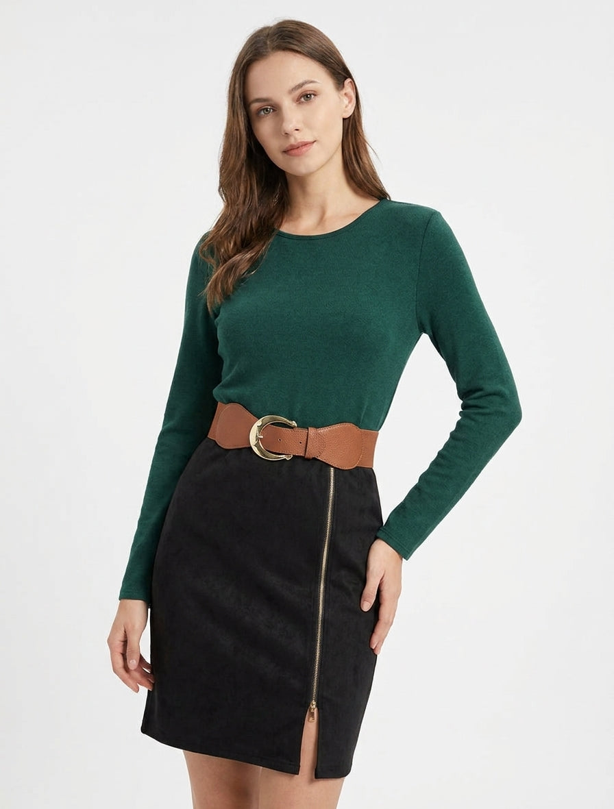 Robe droite bimatière à zip décoratif - Vert foncé