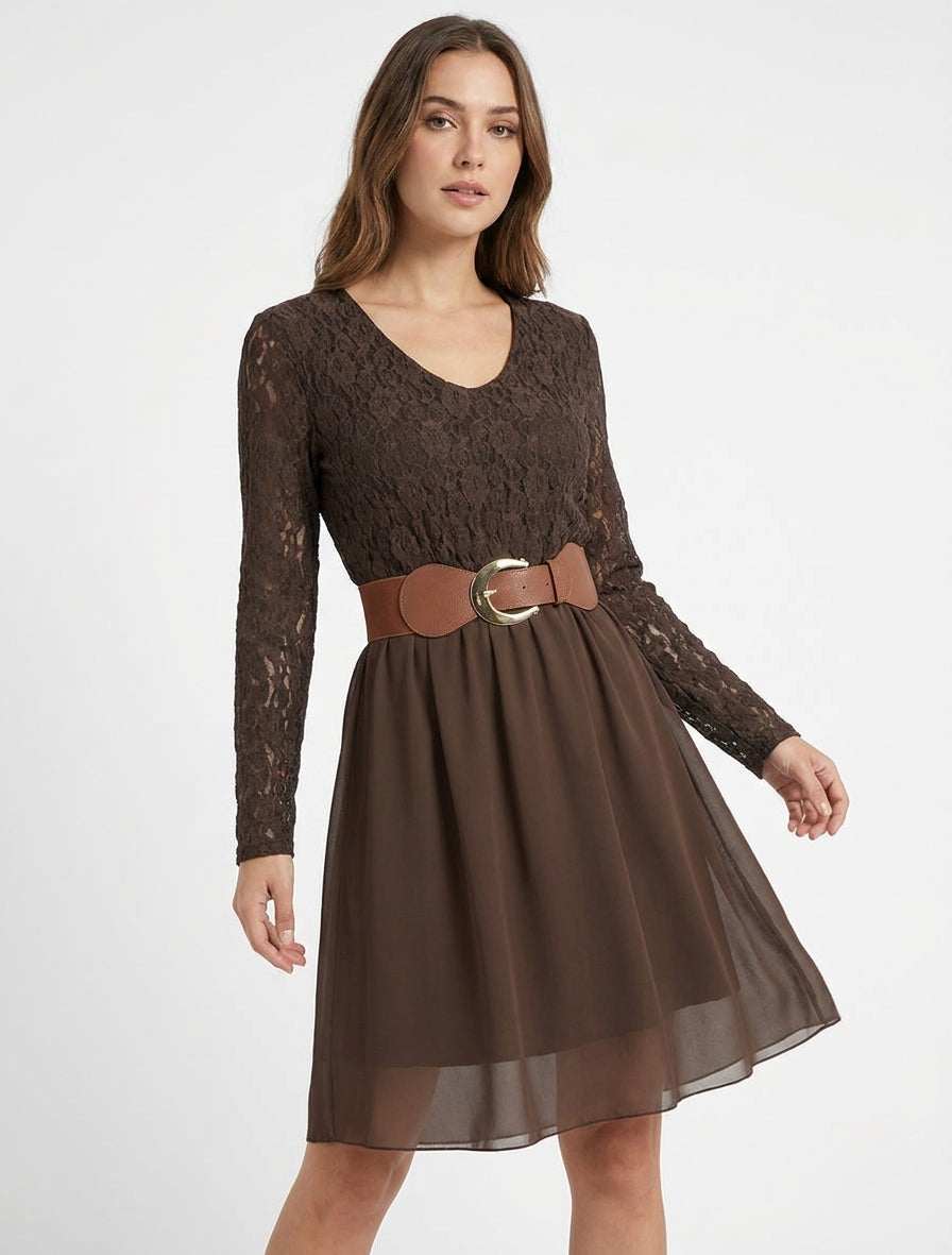 Robe fluide à dentelle et ceinture - Marron