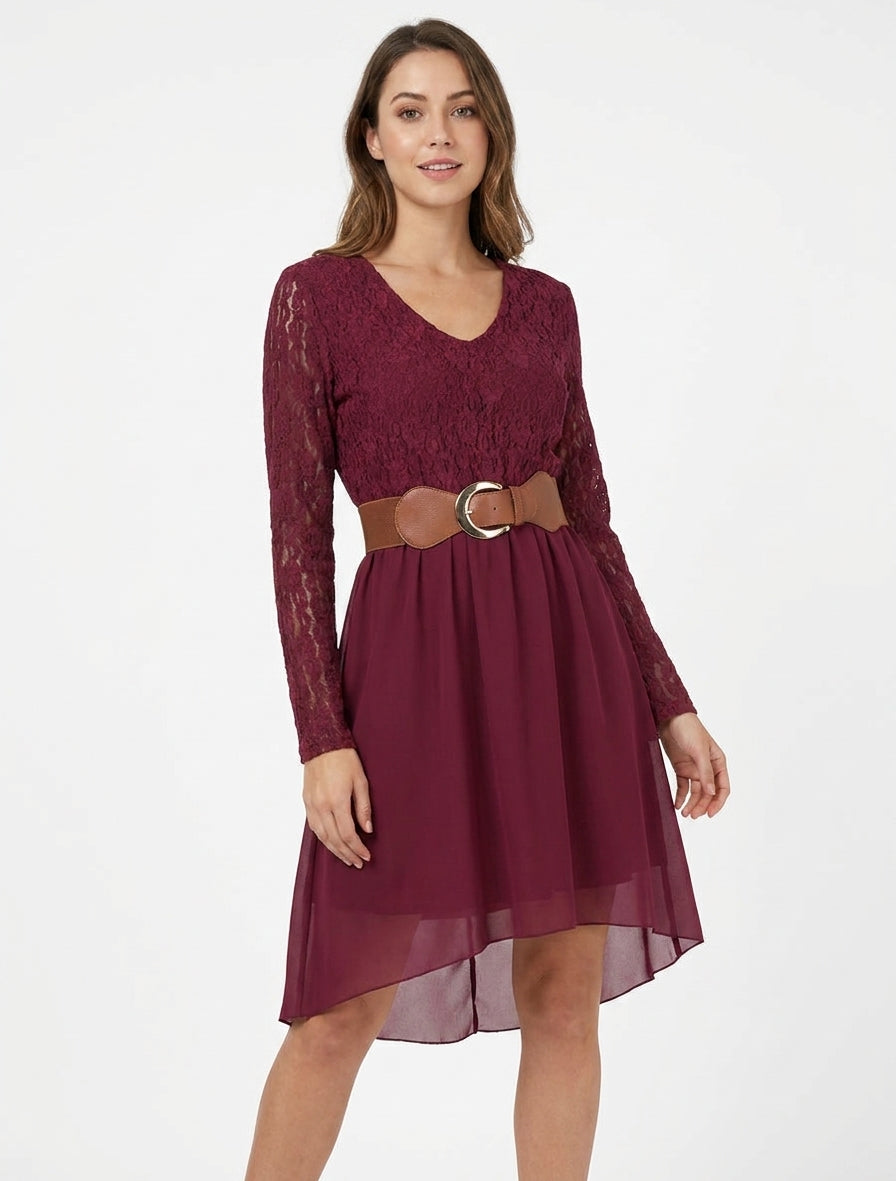 Robe fluide col V à dentelle - Lie de vin