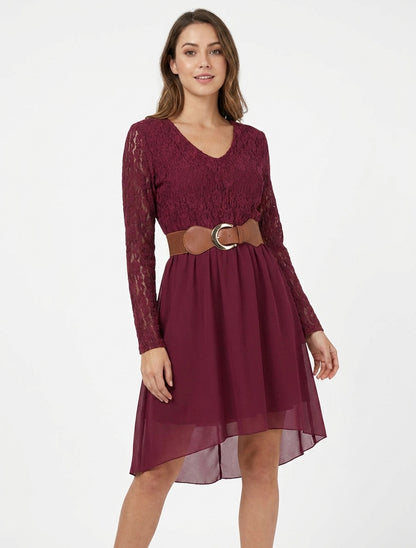 Robe fluide col V à dentelle - Lie de vin