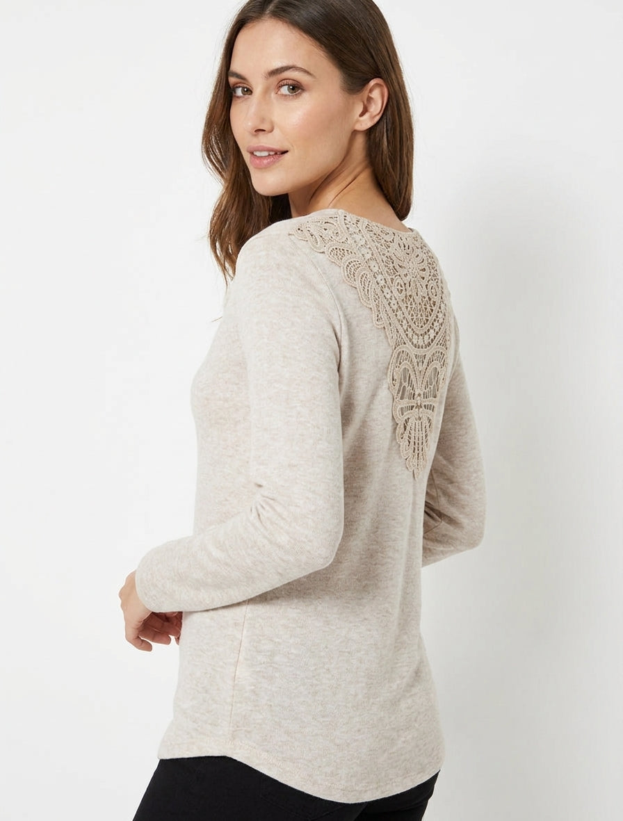 Pull fin col bénitier brodé - Beige