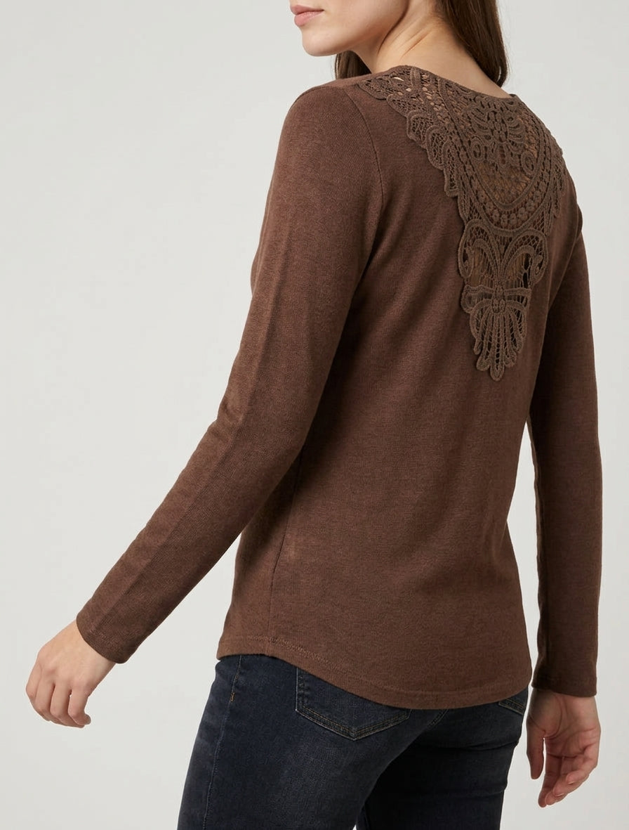Pull fin col bénitier brodé - Marron