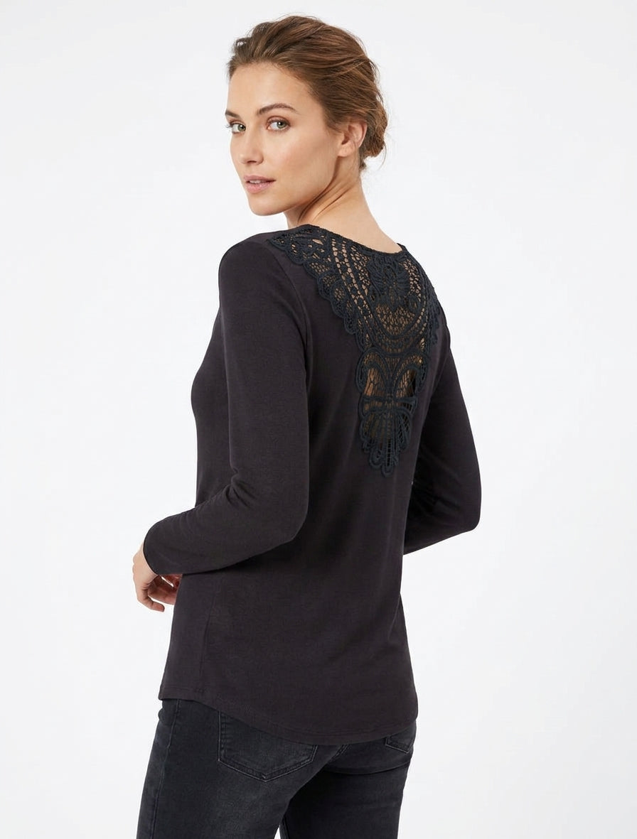 Pull fin col bénitier brodé - Noir