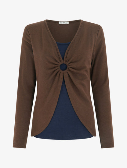 Pull fin style gilet à manches longues et anneau - Marron/marine - 1