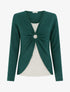 Pull fin style gilet à manches longues et anneau - Vert foncé/beige - 1