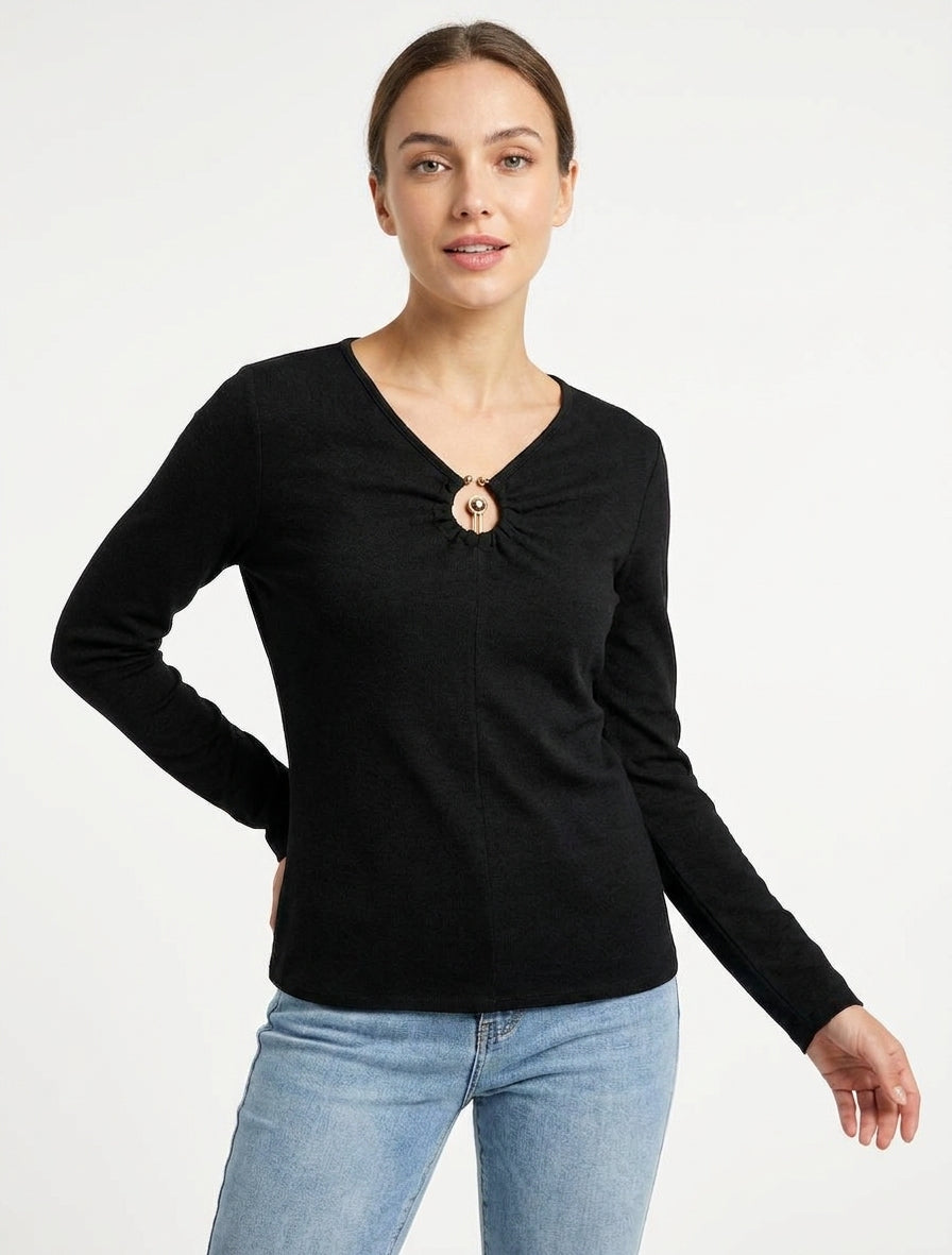 Pull fin à anneau métal - Noir