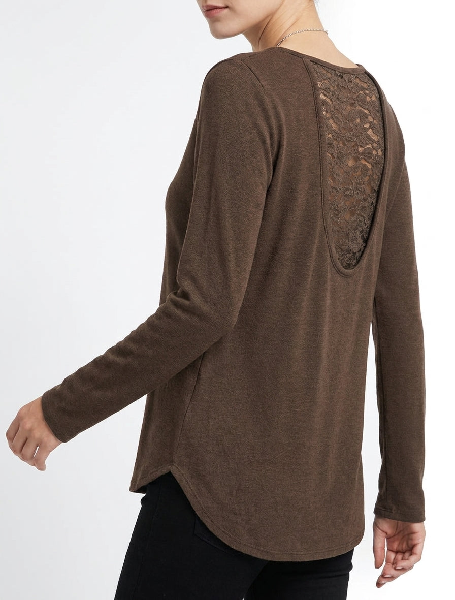 Pull fin à dos en dentelle - Marron