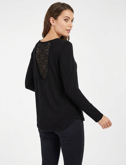 Pull fin à dos en dentelle - Noir