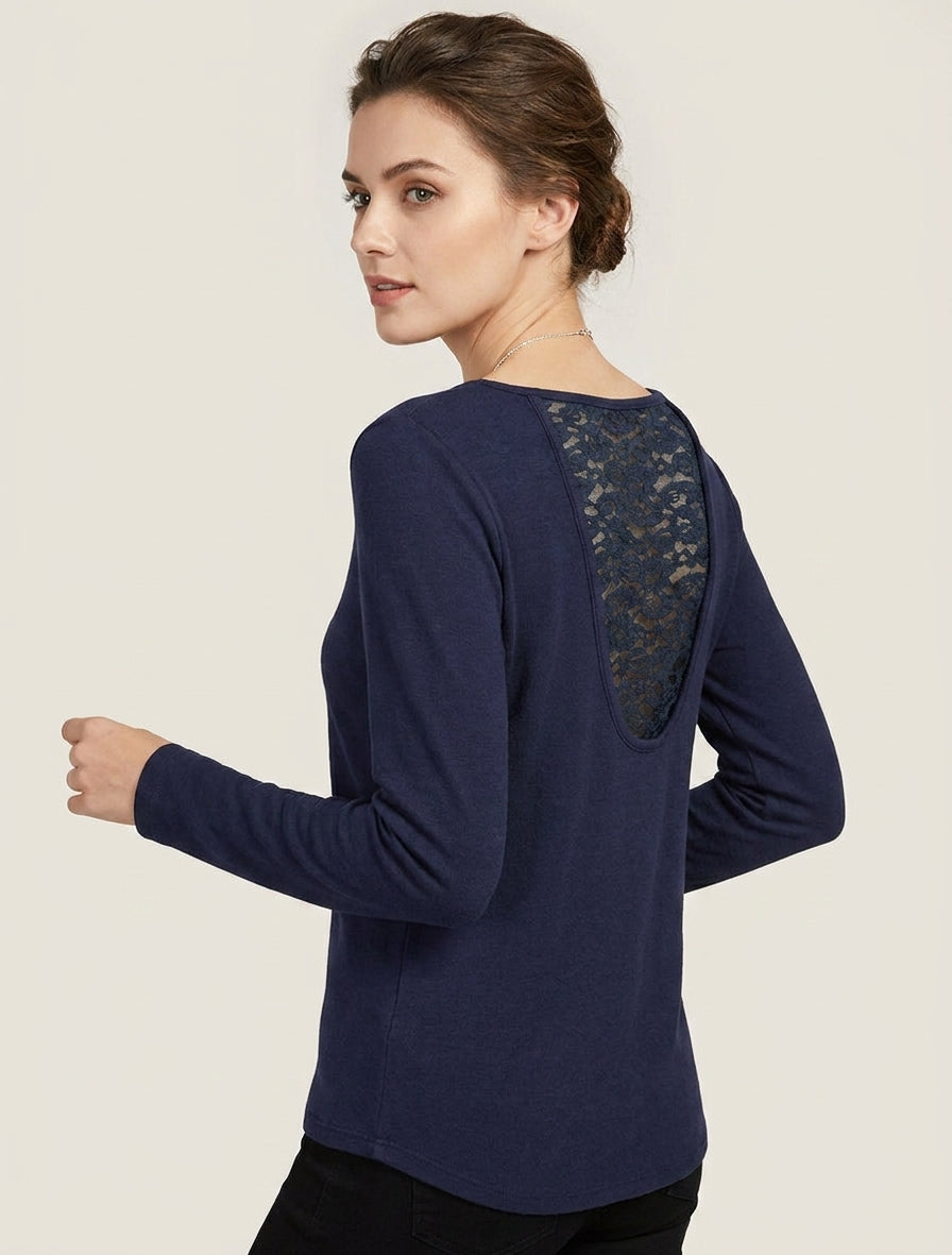 Pull fin col rond dos dentelle - Marine