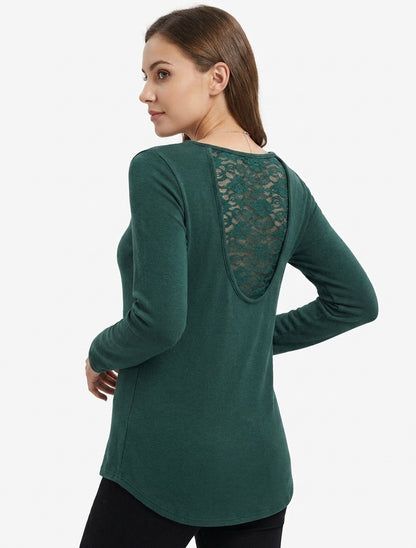 Pull fin col rond à dos dentelle - Vert foncé