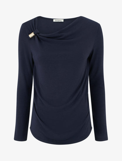 Pull fin à empiècement bijou - Marine - 1