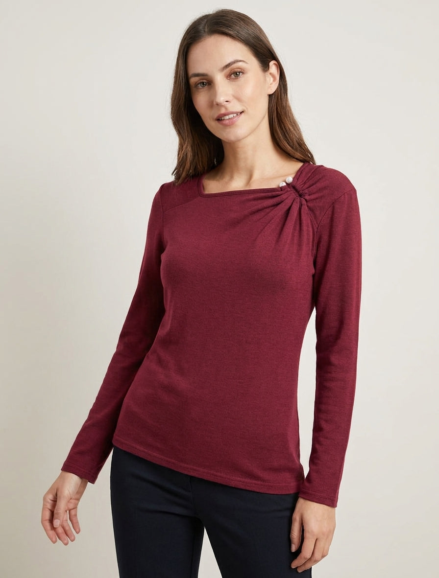 Pull fin col carré broche perlée - Bordeaux