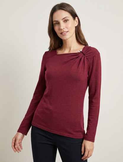 Pull fin col carré broche perlée - Bordeaux