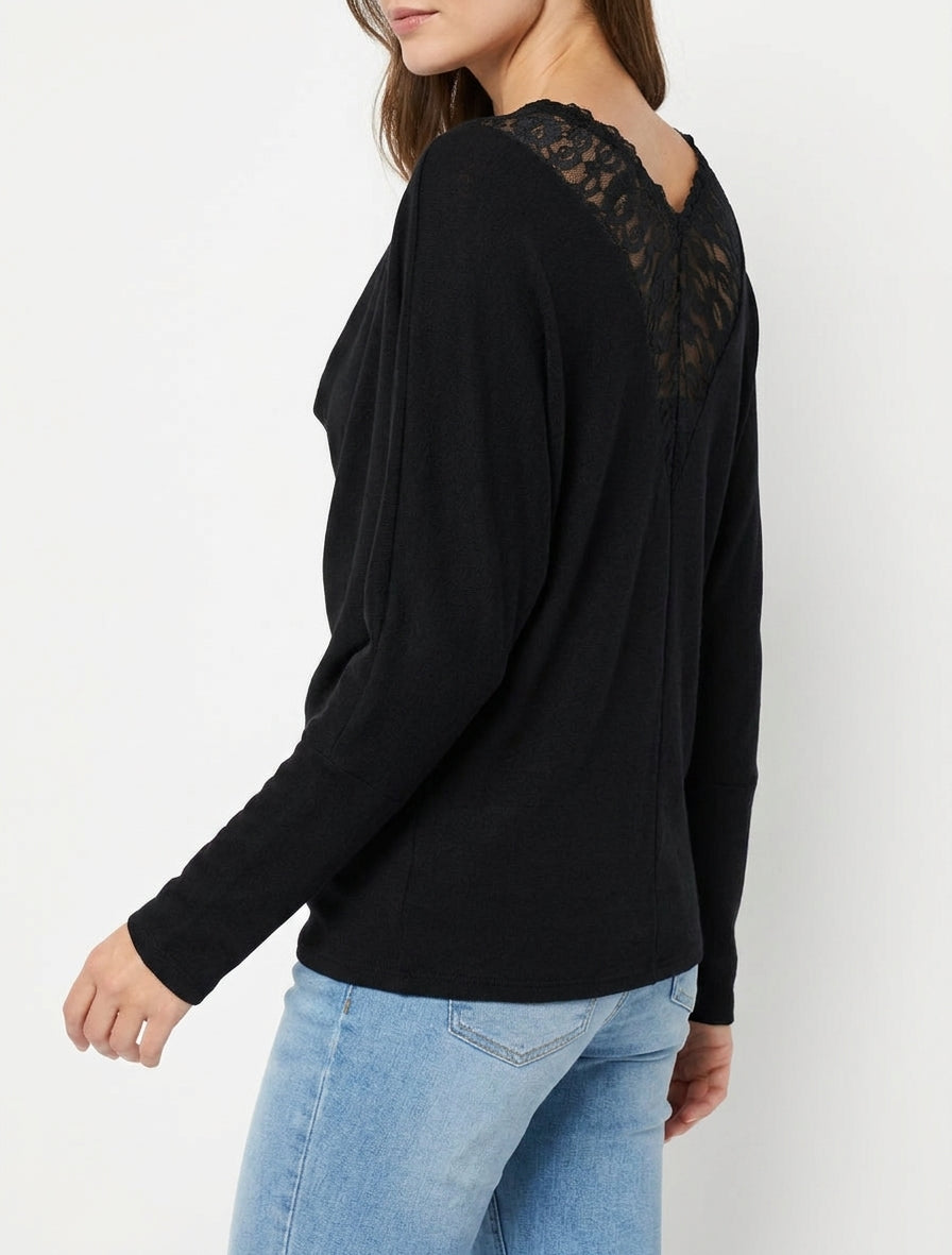 Pull col bénitier dos dentelle - Noir