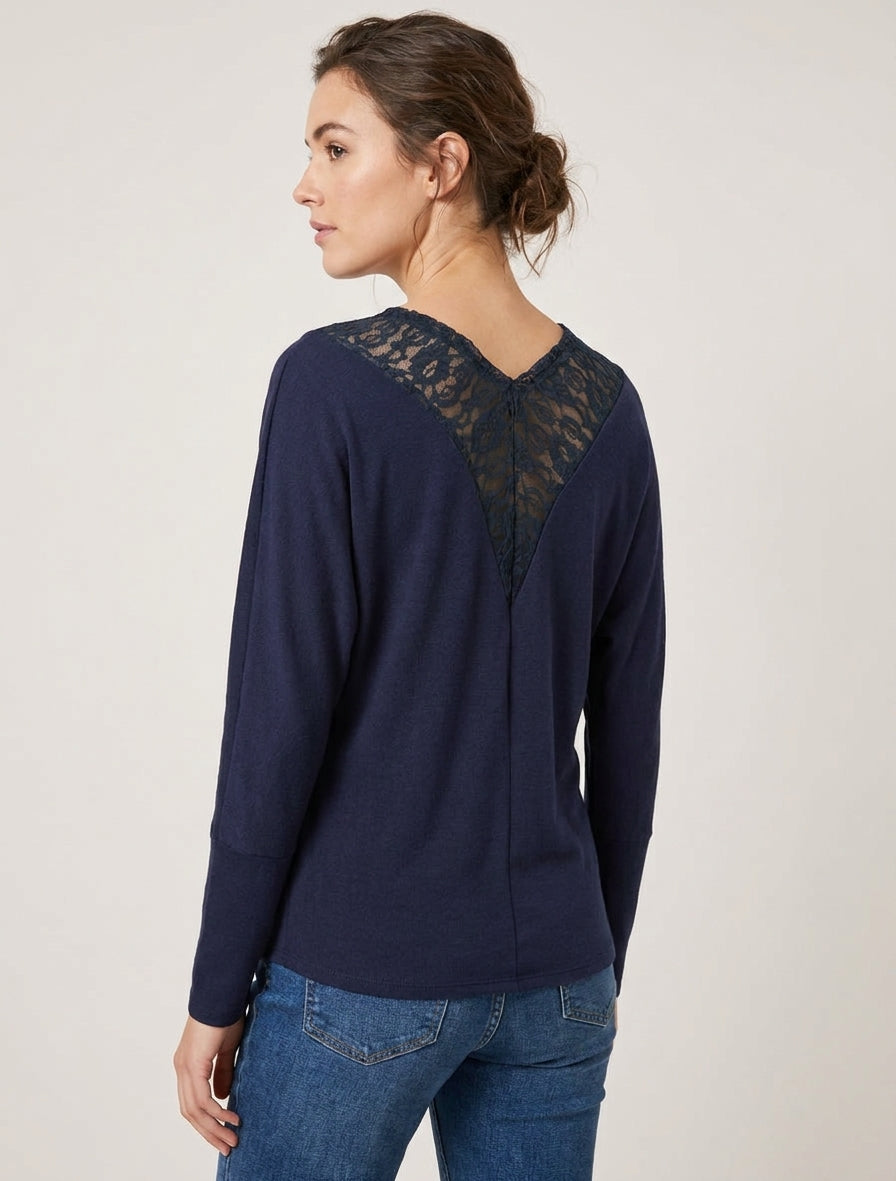 Pull col bénitier dos dentelle - Marine