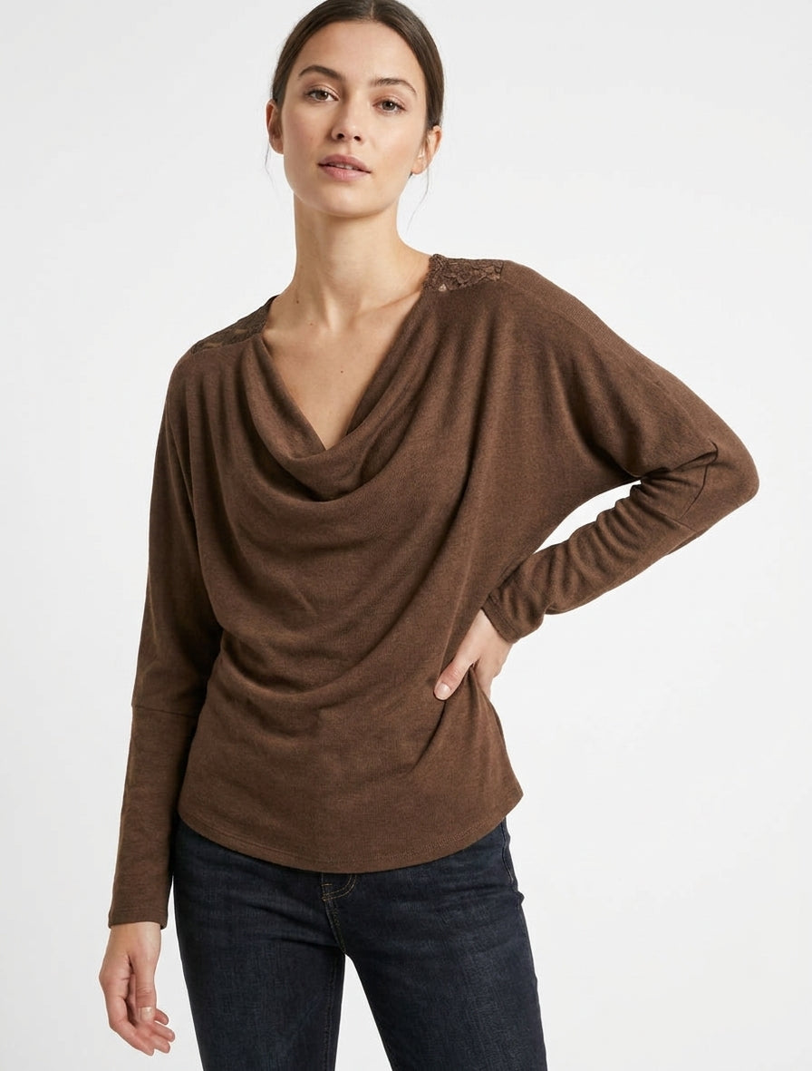 Pull col bénitier manches chauve-souris - Marron