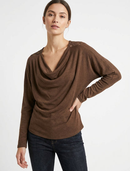 Pull col bénitier manches chauve-souris - Marron