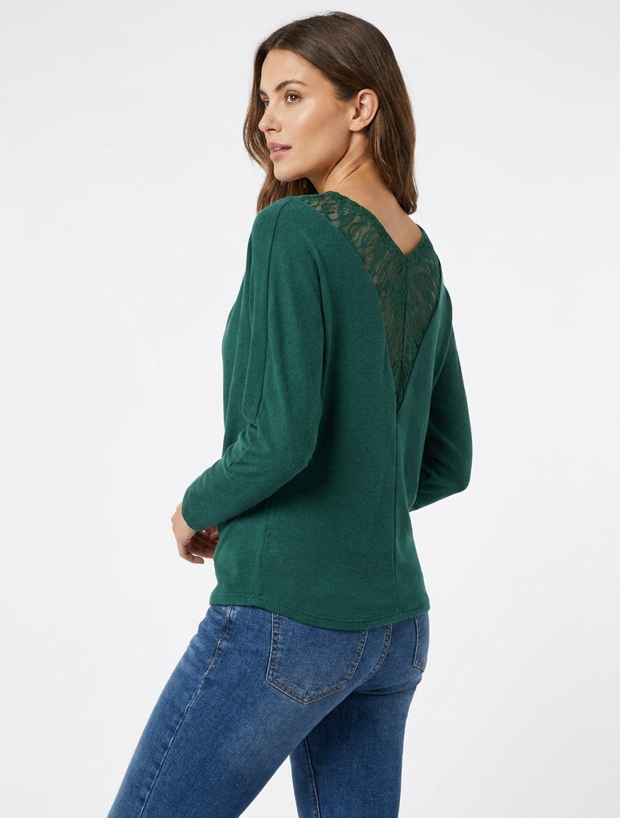 Pull col bénitier manches chauve-souris - Vert foncé