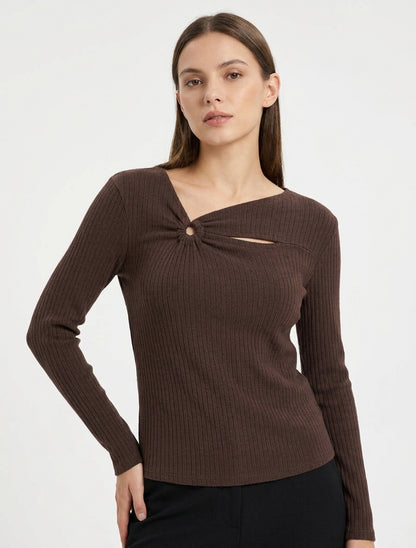 Pull côtelé manches longues ajouré - Marron