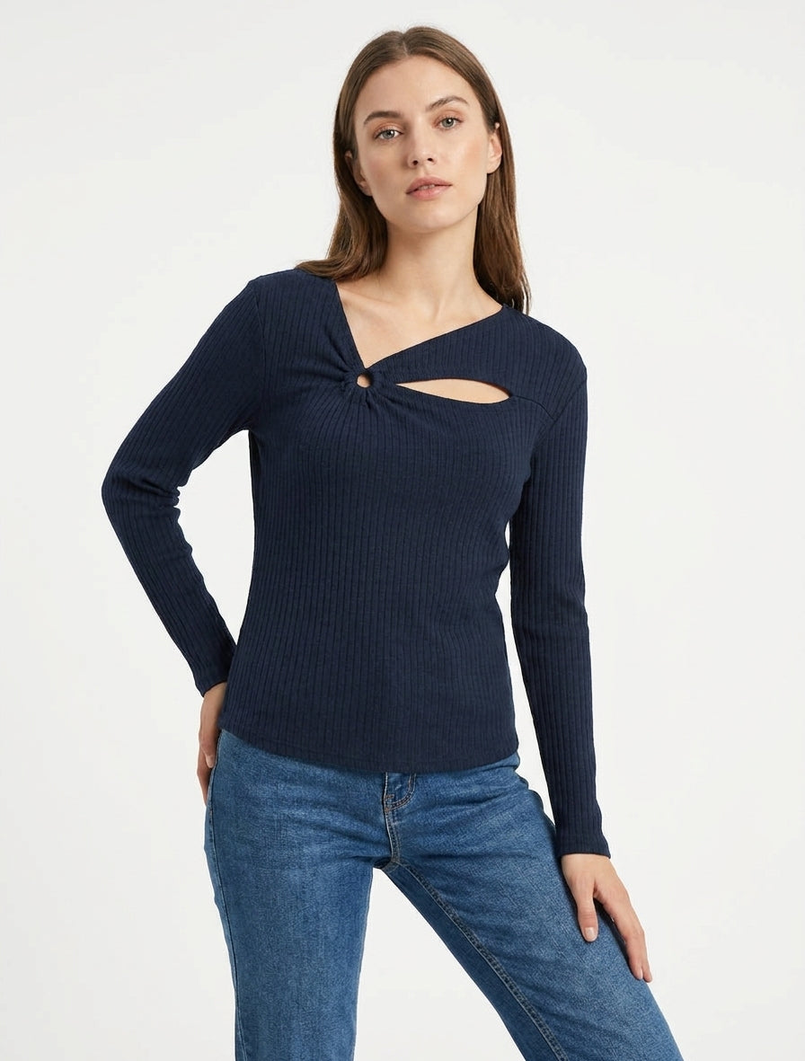 Pull côtelé manches longues ajouré - Marine
