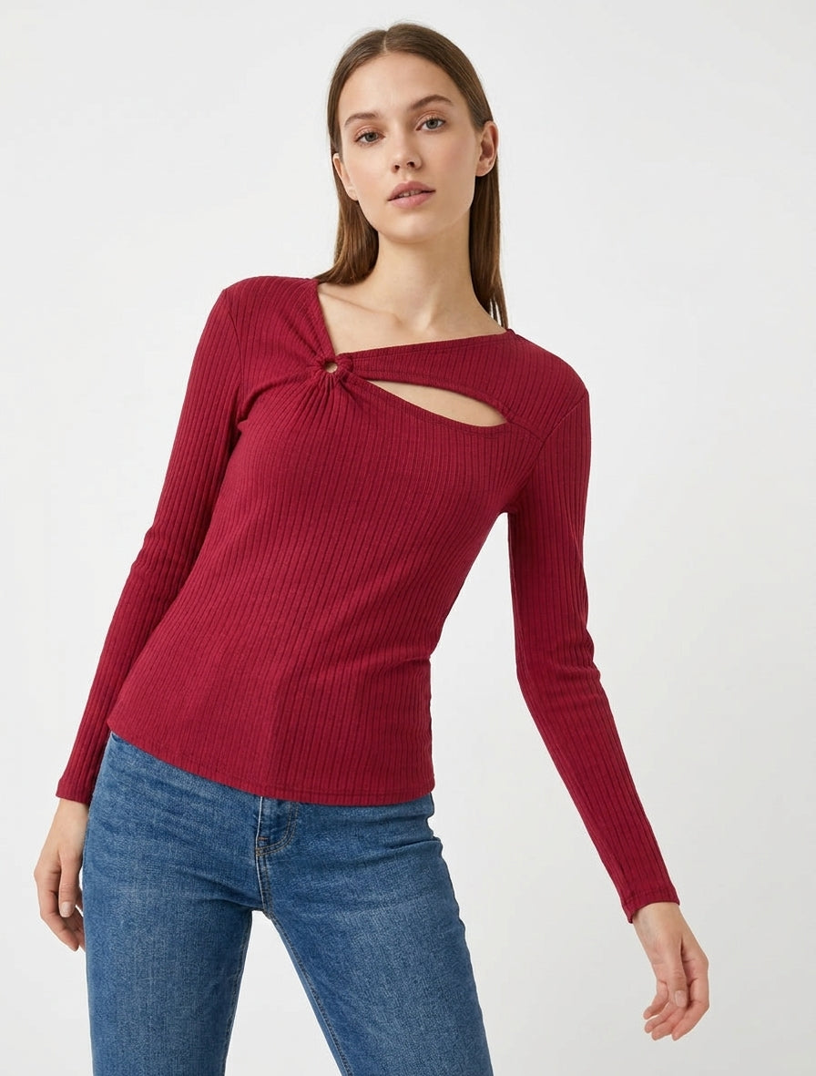 Pull côtelé à manches longues - Rouge