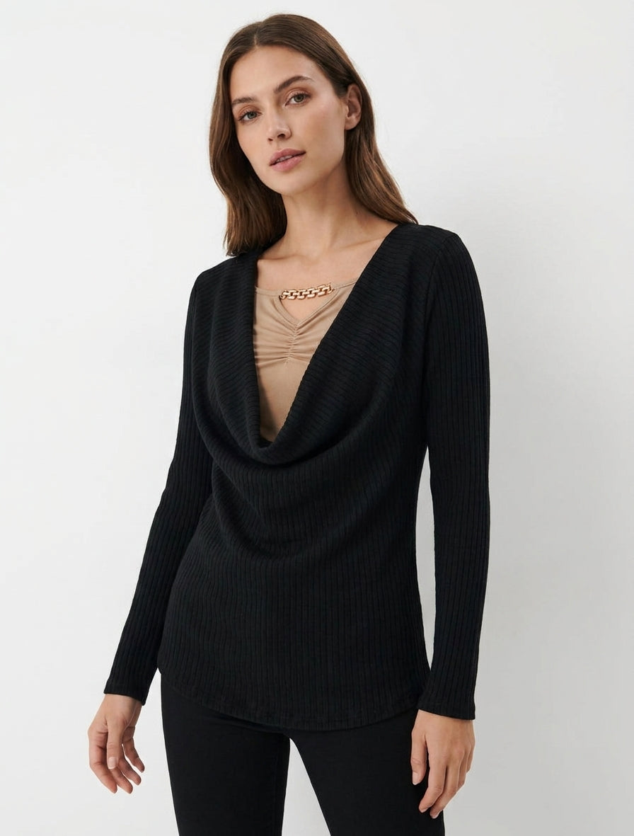 Pull côtelé col bénitier à bijou - Noir