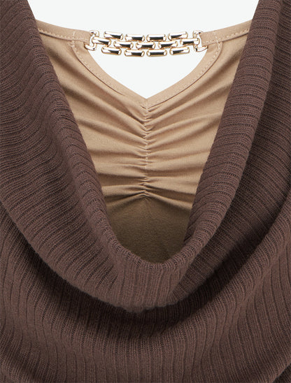 Pull côtelé à col bénitier et bijou - Marron - 3