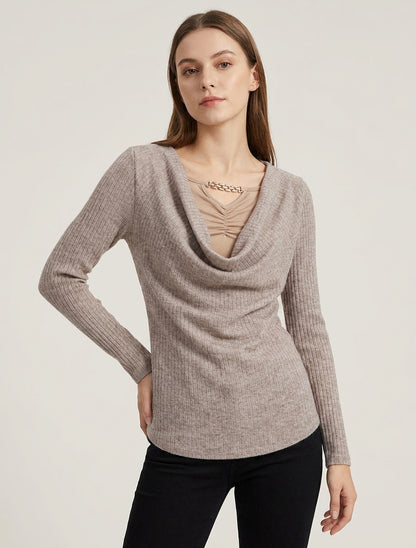 Pull côtelé à bijou et col bénitier - Taupe