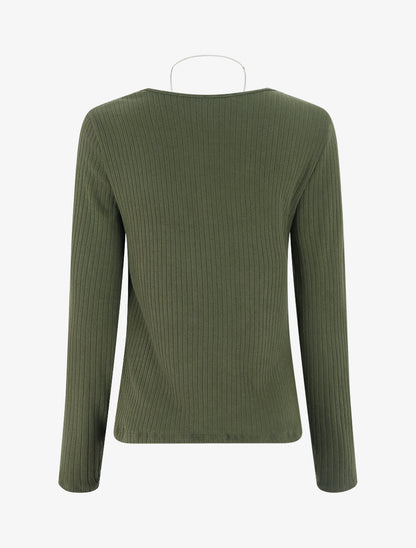 Pull côtelé à col V à dentelle - Kaki - 2