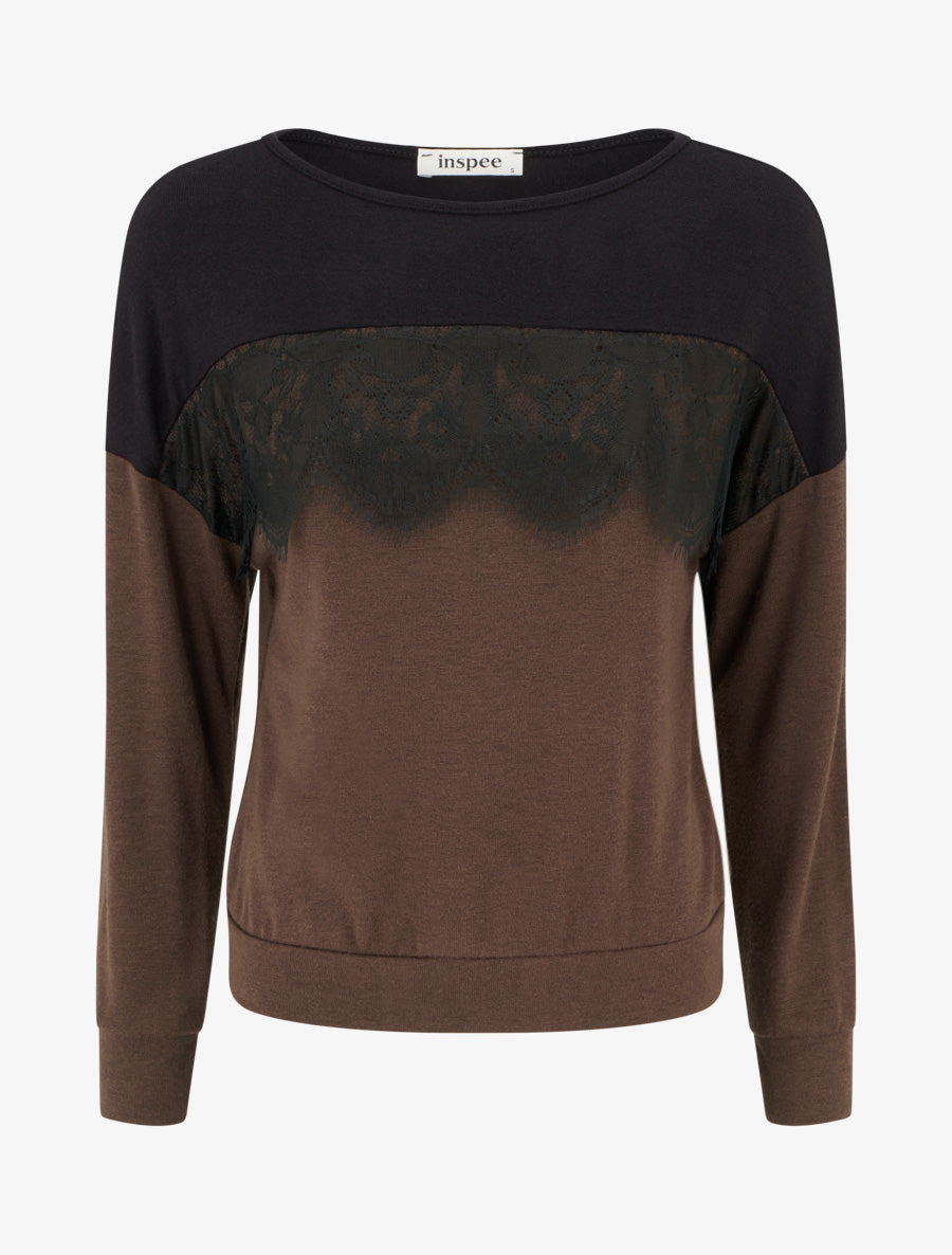 Pull bicolore à empiècment dentelle - Marron - 1