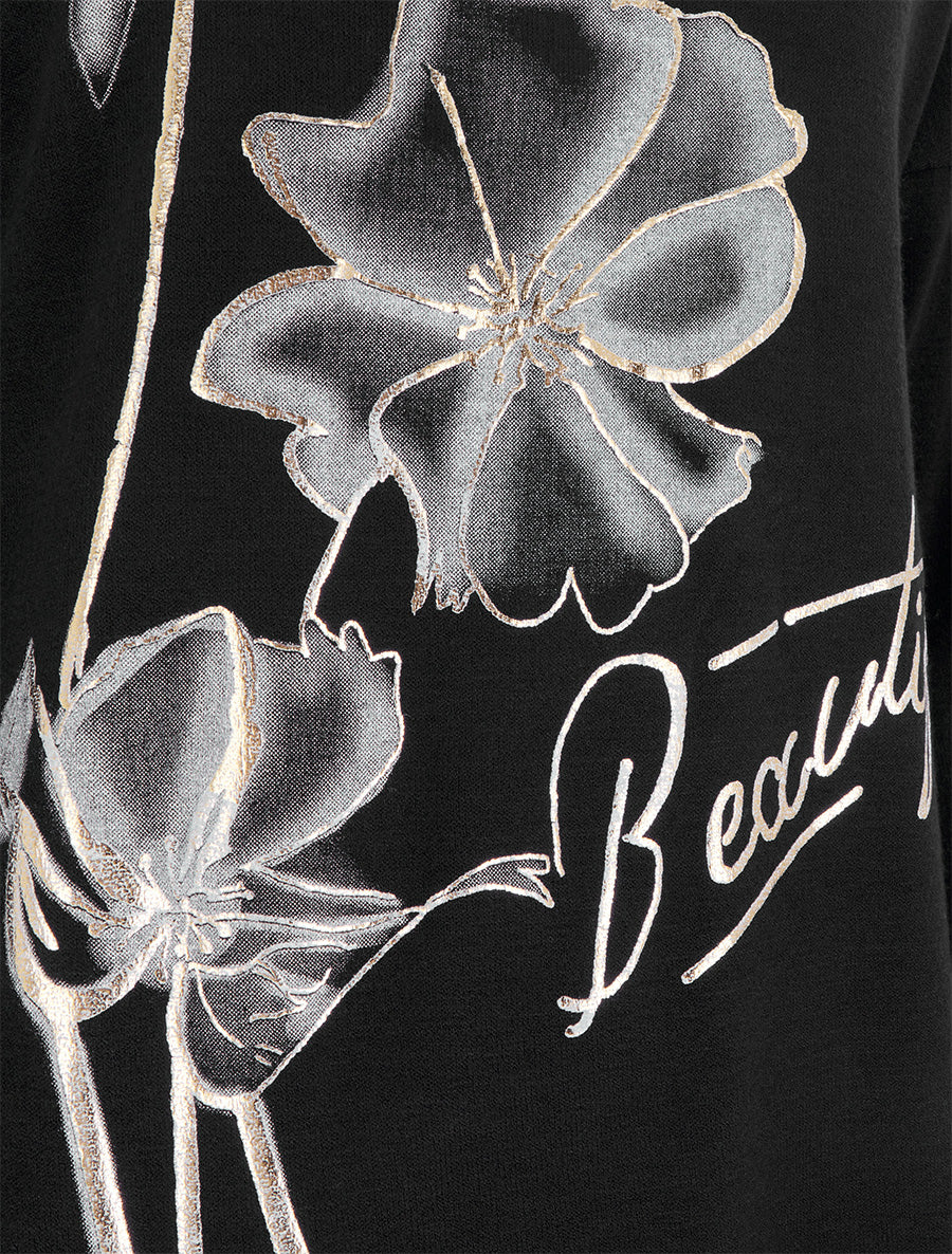 Pull fin à motif fleurs et message - Noir - 3