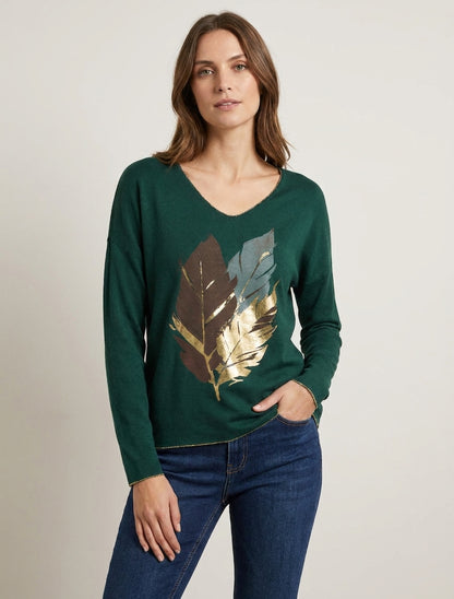 Pull fin col U plumes irisées - Vert foncé