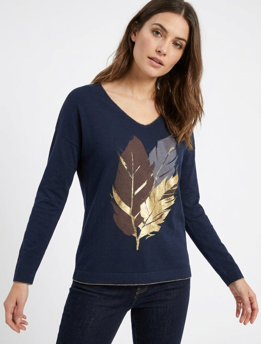 Pull fin col en U à plumes irisées - Marine