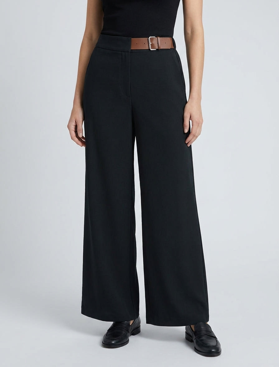 Pantalon fluide taille haute à boucle - Noir