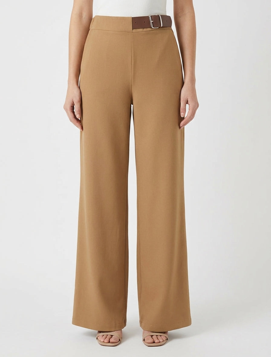 Pantalon ample taille haute à boucle - Camel