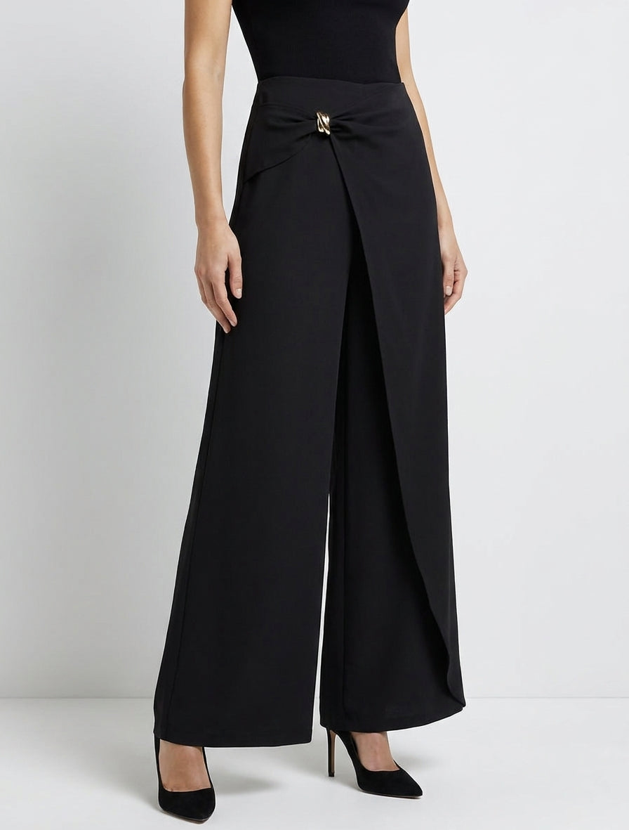 Pantalon fluide taille haute à bijou - Noir