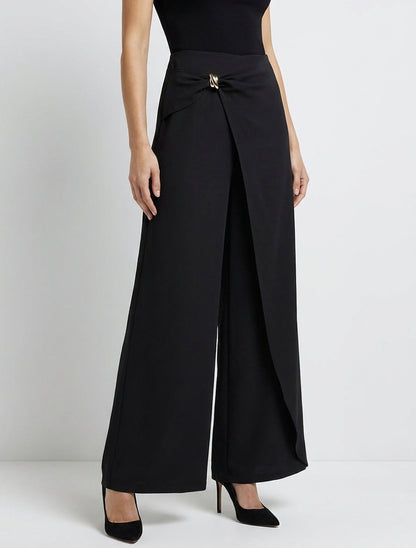 Pantalon fluide taille haute à bijou - Noir