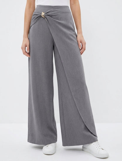Pantalon fluide taille haute à bijou - Gris