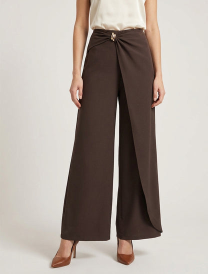 Pantalon fluide taille haute à bijou - Marron