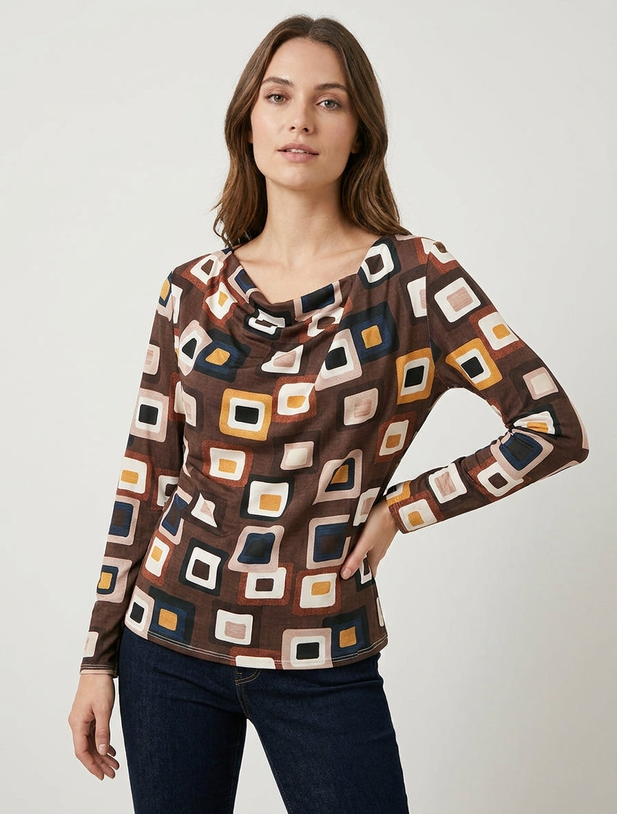 Top imprimé rétro col bénitier - Marron