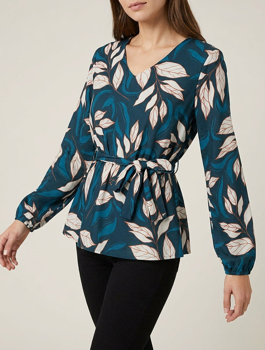 Blouse péplum à ceinture nouée - Bleu canard