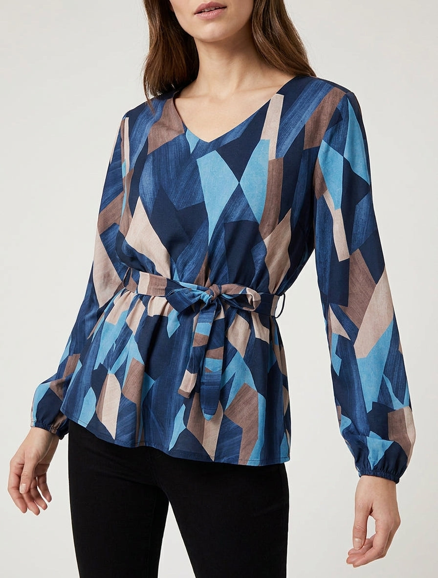 Blouse péplum col V à nouer - Marine