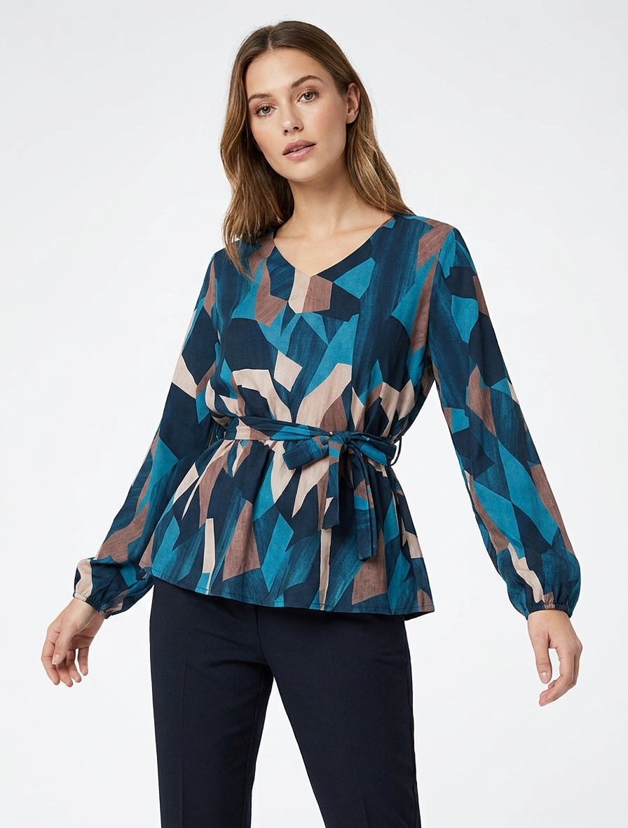 Blouse péplum col V à nouer - Bleu canard
