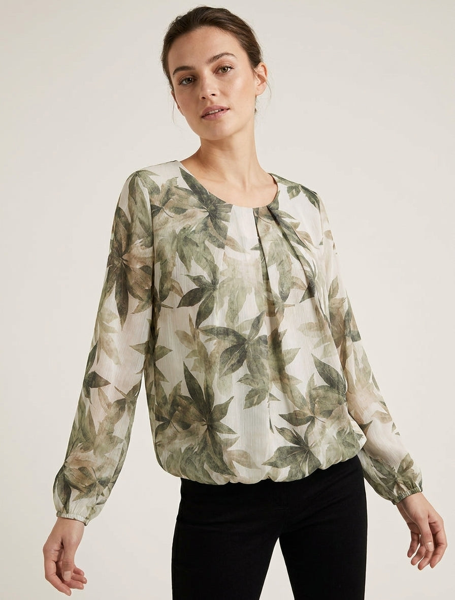Top boule col rond imprimé feuilles - Kaki